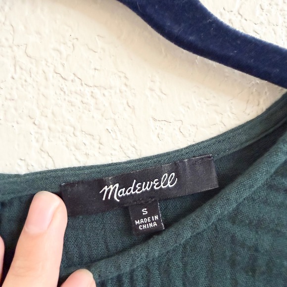 Madewell Lightspun Cuffed-Sleeve Shirred Top Green Cotton Gauzy Boxy Blouse - Picture 2 of 10